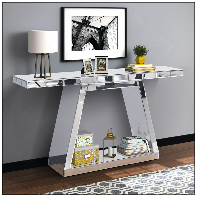55.9" Modern Luxe Full-Body Mirror Entryway Table With Trapezoid Base – 360° Reflective Console Table, Sturdy Wooden Frame, Scratch-Resistant Design & Open Storage For Hallway, Living Room, Staircase