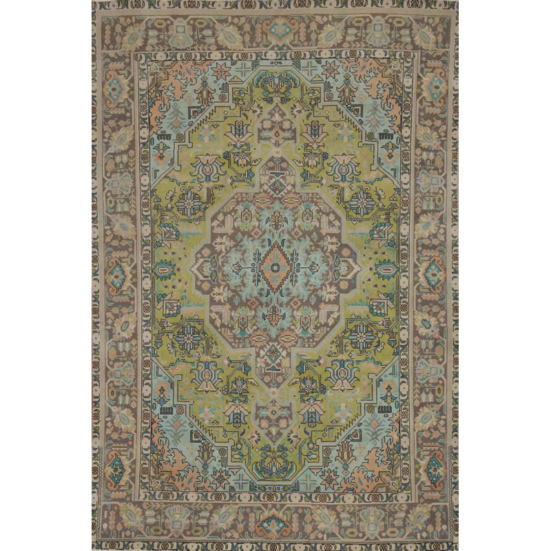 Tapis vert en laine à motif géométrique vert 6 x 9