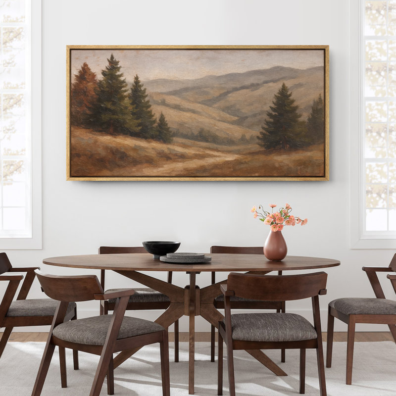 Vintage Pine Tree Mountain Landscape Artwork Extra Large Pictures Framed Canvas Print Wall Art, Natural, 30" H x 60" W