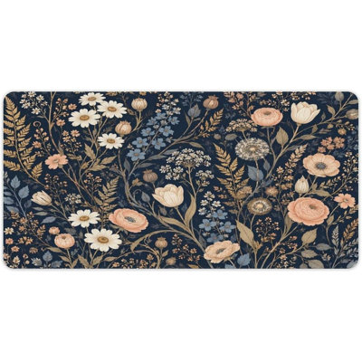 Soft Floral Tapestry On Navy Background Large Extended Gaming Mouse Pad Desk Mat with Stitched Edges 15.75"x31.5", Non Slip Rubber Base Waterproof Computer Mouse Mat for Gaming Office Home Workstation