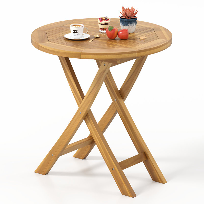 Patio Teak Wood Dining Table 27.5'' Round Side Table w/ Slatted Tabletop