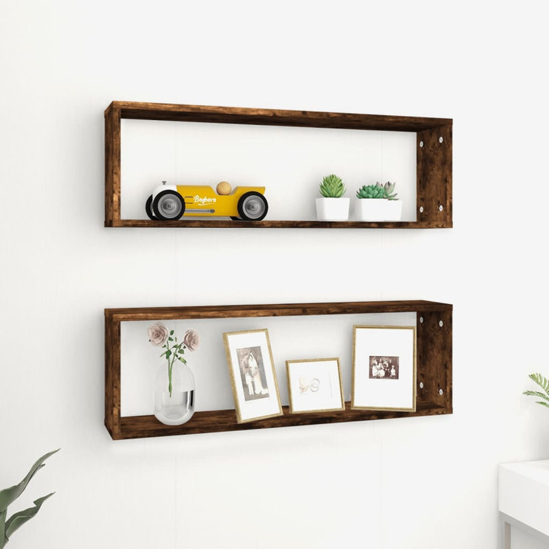 Étagères murales cubes en bois d'ingénierie 2 pièces, H 10,40 po x l 31,50 po x P 5,90 po, Noyer
