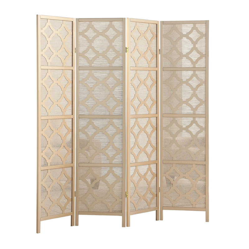 Gold Shoji-Inspired 4-Panel Folding Room Divider with Rice Paper Inlay