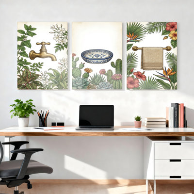 Jardin botanique avec robinet et cactus sur toile tendue, ensemble de 3 reproductions d'art sur toile