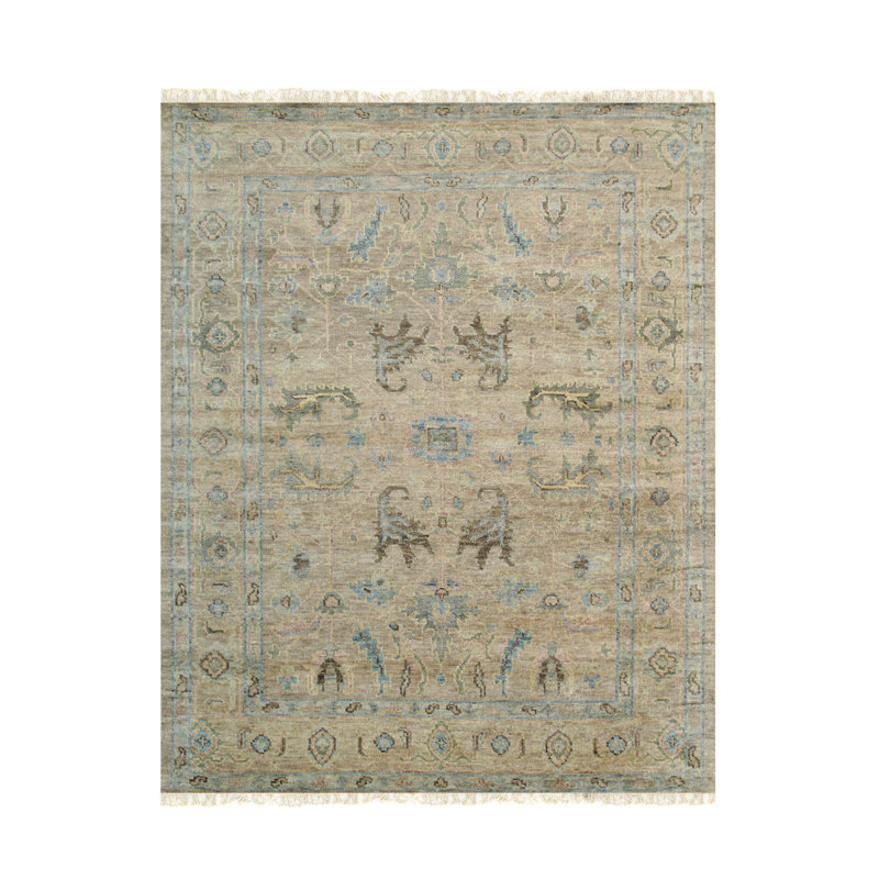 Elegant Hand Knotted Wool Brown and Blue Oushak Rug, 8' x 10'