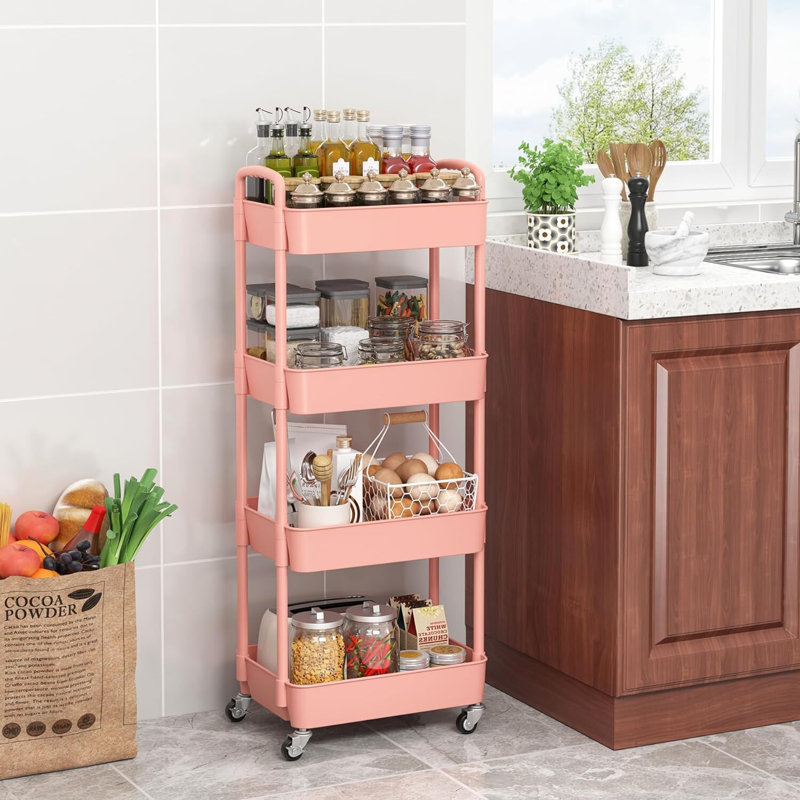 Plastic Rolling Utility Cart with, Pink