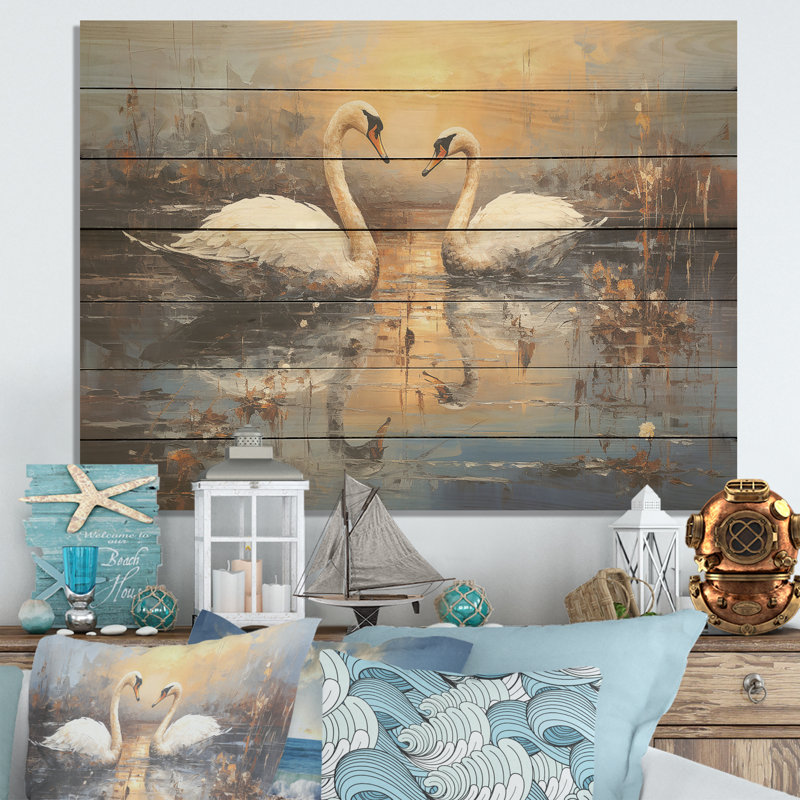Cygne blanc, harmonie, clair de lune, étang, H 24 po x l 32 po