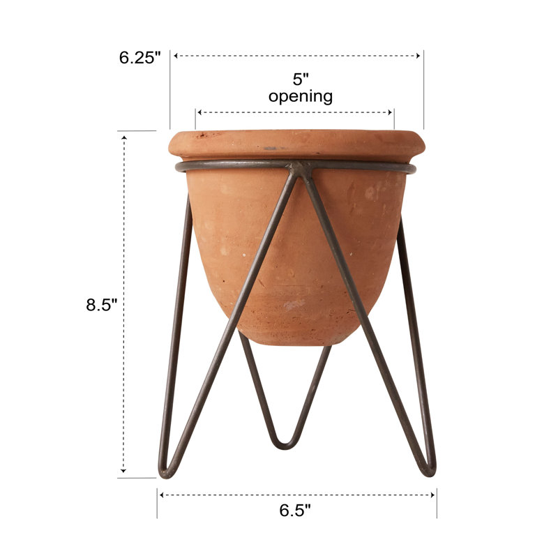 Terracotta Pot with Metal Clothespin‑Style Stand Rustic Terracotta Finish