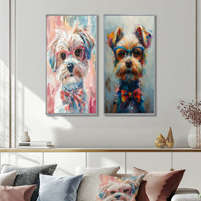 Curieux Shih Tzu rose avec lunettes III - ensemble d'art mural chien 2 pièces