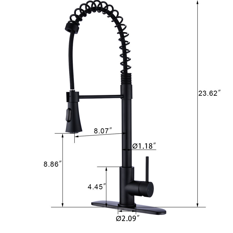 Modern Single Handle Spring Kitchen Faucet Matte Black, Pull Down Function, Rust & Corrosion , 304 Stainless Steel High Arc In , Steel, To Water Spots And Corrosion, 8" Spout Reach