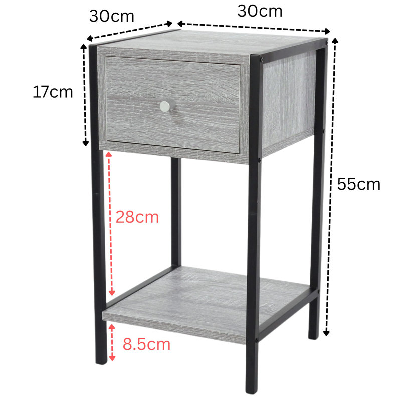 One-Drawer Compact Bedside Cabinet, Wood-Effect Finish, 33cm, Grey