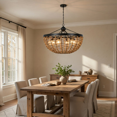 6 Light Pendant Chandelier, Caged Bowl Braided Rope, Black Metal 32 Inch