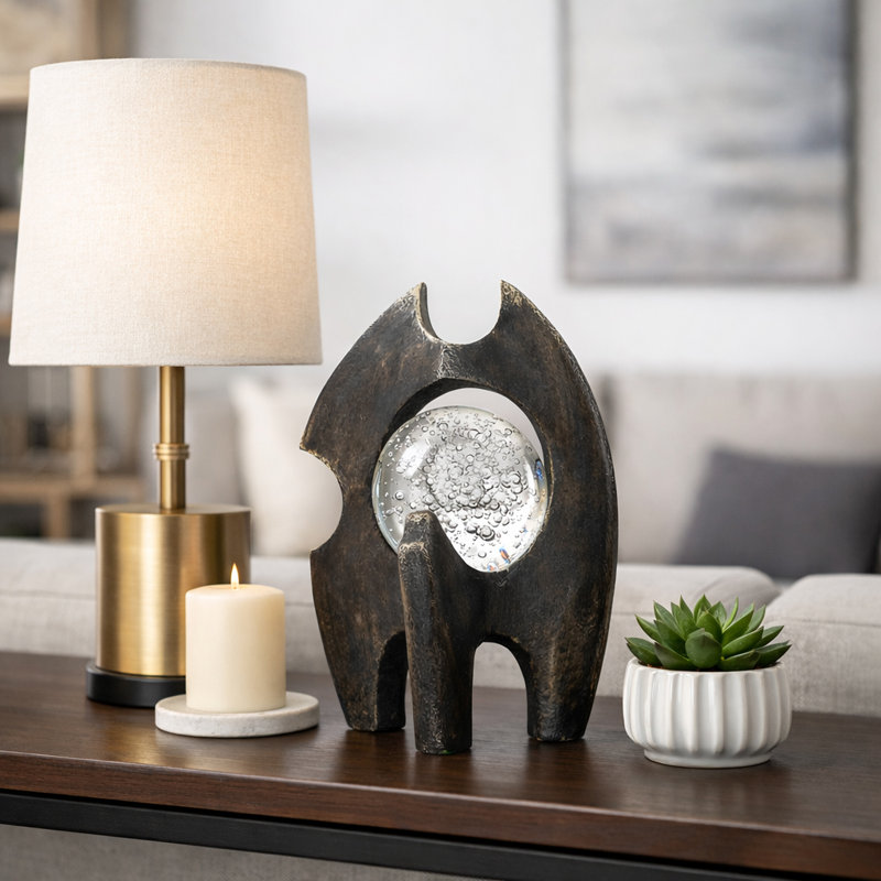 Abstract Resin Statue Object with Crystal Glass Accent for Home Decor - Decorative Figurine for Living Room Decoration - Black & Clear
