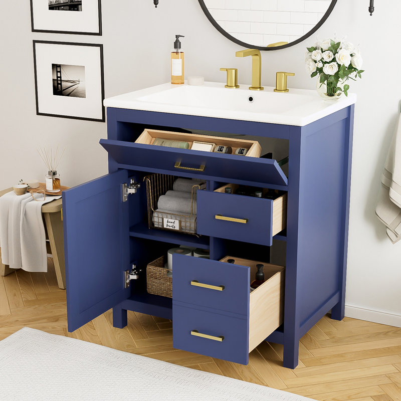Bathroom Vanity with Ceramic Sink and Storage, Blue