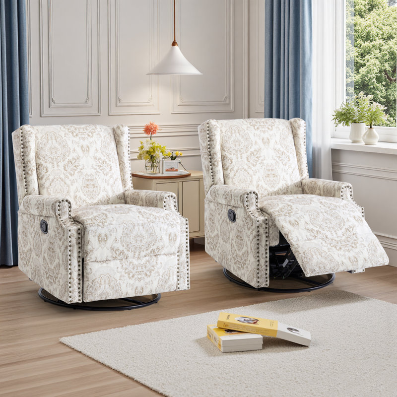Upholstered Classic Wing Back Manual Handle Swivel Rock Glider Recliner with Naihead Trims, Beige