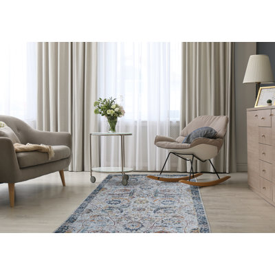 Machine Washable Wrinkle Free Flatweave Floral Gray/Blue Area Rug for Living Room, Hallway Runner