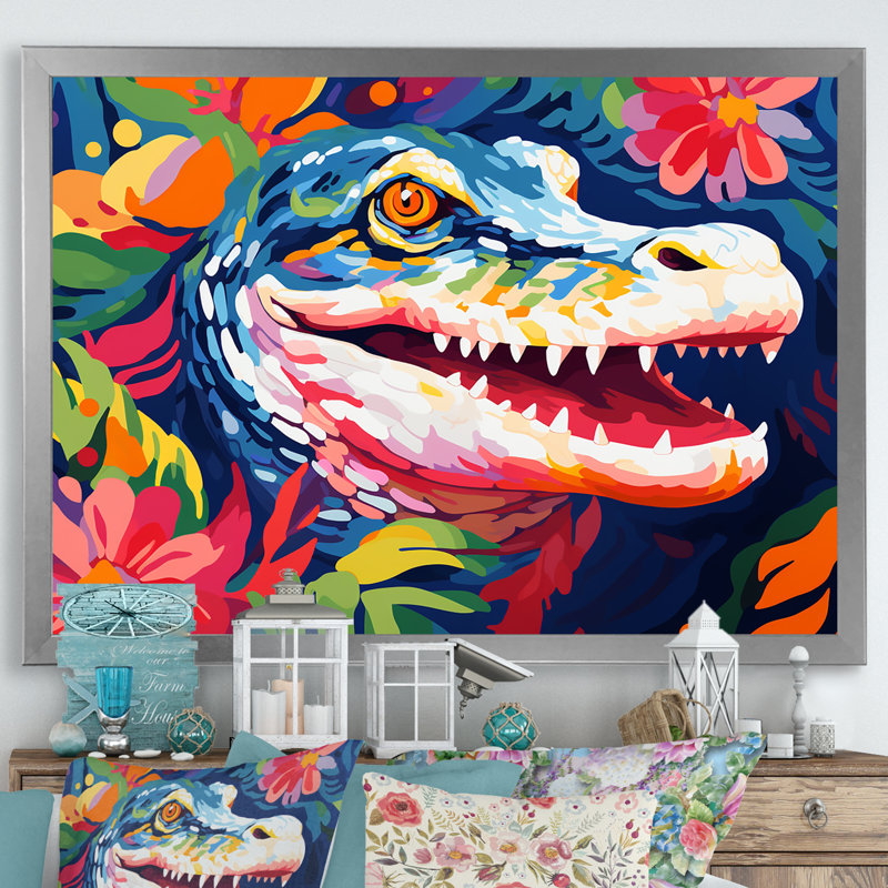 Popart alligator I, art mural crocodile, Cadre de coin argenté fermé, H 16 po x l 32 po x P 1 po