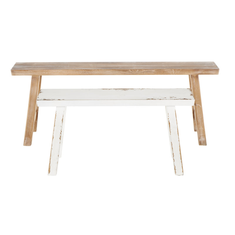 Brunhild Wood Slim Distressed Brown Bench with Smaller White Bench Set