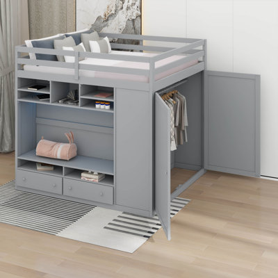 Full Size Loft Bed With Built-In Wardrobe, Drawers & Shelves,Smart LED Lighting