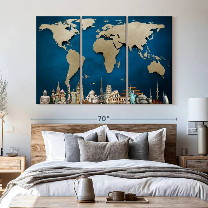 " Ocean Blue World Map " by Globetrotter Studio 3 - Pieces, 42" H x 65" W x 1.25" D