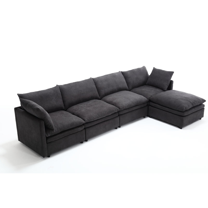 Salon avec canapé-lit en forme de U et méridienne - 5 pièces, gris foncé, structure en bois et en fer, coussins doubles 5 ressorts rembourrés