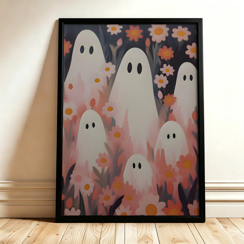 Fantômes pastel d'Halloween parmi des fleurs roses, tableau sur toile encadré, cadre noir, 50 x 75 cm, 20x30, Black