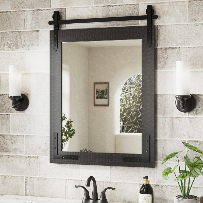 Miroir décoratif Brunilda Rustic Farmhouse, 28 po x 20 po, Noir, noir, noir, noir