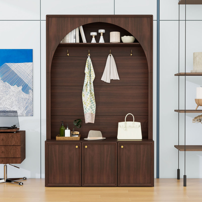 Elegant Hall Tree with Bench, Hooks, Adjustable Shelves and Arched Design, Walnut