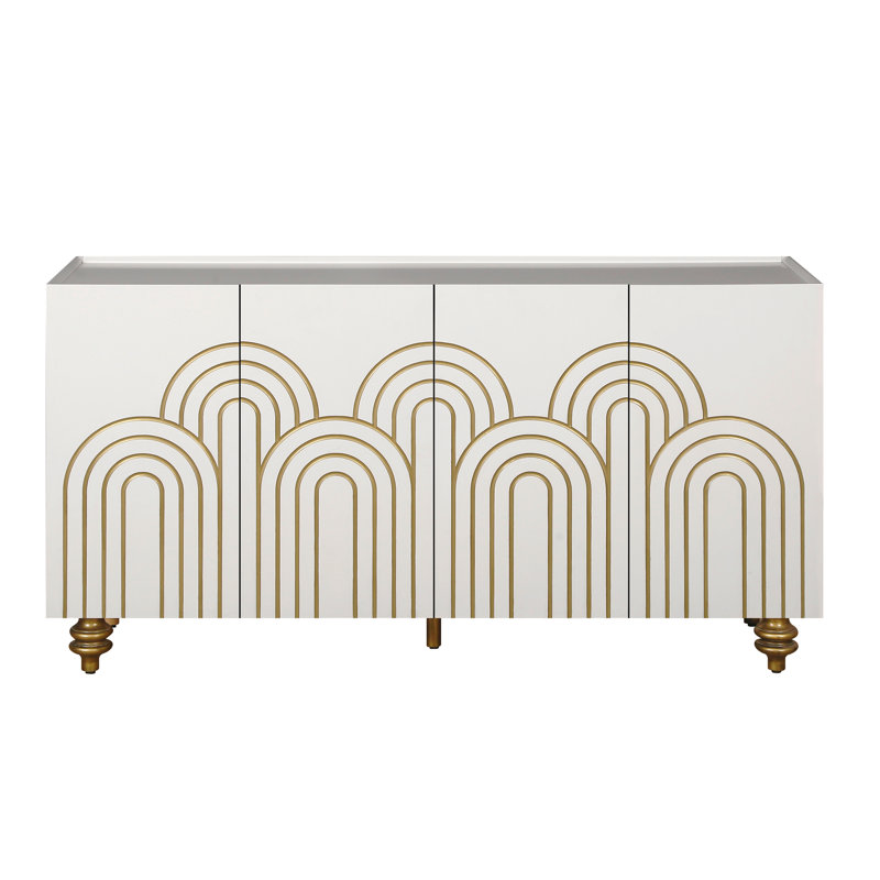 Buffet moderne cannelé avec rangement, élément courbe avec lignes strictes, armoire de rangement à 4 portes avec tablettes réglables pour la cuisine, la salle à manger et le salon (blanc)