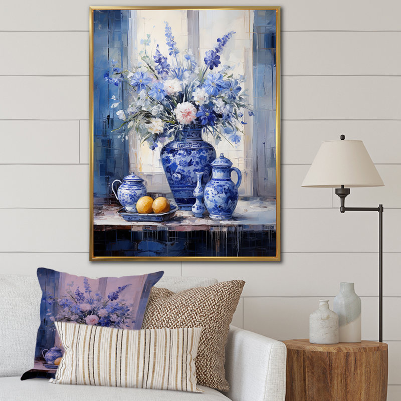 Boho bleu et blanc plante poterie IV - Boho, Cadre flottant doré, H 32 po x l 24 po x P 1 po