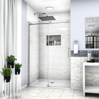 48"W X 76"H Single Sliding Shower Door Enclosure, . Tempered Glass. Stainless Steel Pull. Improves Bathroom Ambiance. Professional Installation Advised 48" 76" Enclosure In Quality Glass Door. Pull