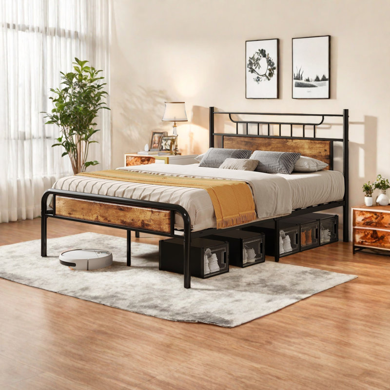 Rustic Wood Vintage Platform Bed Frame With Headboard No Box Spring Needed, Queen