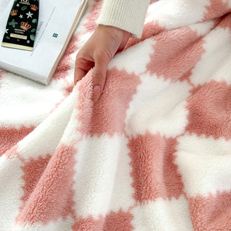 Checkered Lightweight Soft & Cozy Flannel Fleece Throw Blanket for Sofa & Bed in All Season, Pink/White, 130cm x 150cm