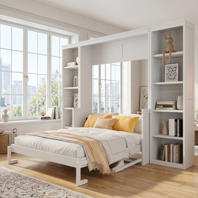 Queen Size Murphy Bed With Desk And Bookshelf, Space Saving Foldable Design
