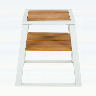 Durable 2-Tier Acacia Wood Outdoor Side Table with White Iron Frame, Weather-Resistant and Storage Shelf, Teak Finish, 30 lbs Capacity