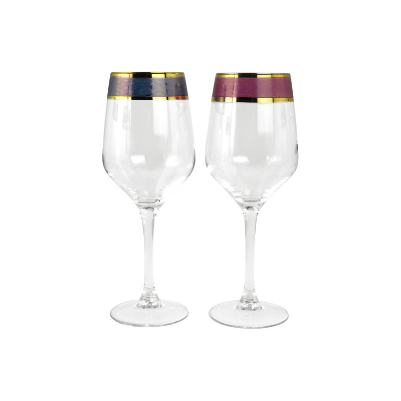 Elegant Gold Rimmed Multicolor Wine Glass Set, 8.75 Inches