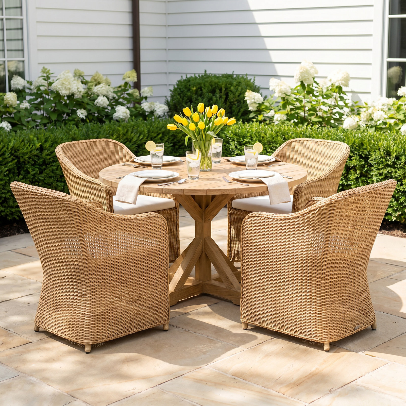 Teak and Wicker Patio Dining Set, 50" Diameter