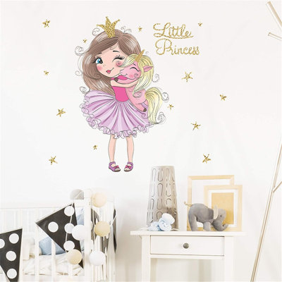 Adhésif décoratif "petite jolie princesse" étreignant bébé licorne Lewy