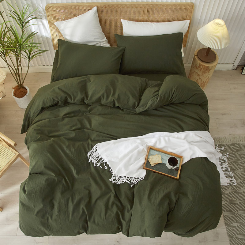 Ensemble de housse de couette 100% coton lavé Doneus, Housse de couette très grand + 2 taies d'oreiller, Vert olive
