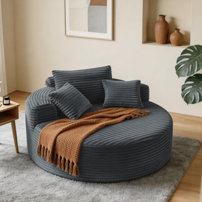 55 Inch Oversized Round Corduroy Chaise Lounge, Deep Seat Cloud-Style Single Upholstered Sofa Bed Complete with 3 Matching Throw Pillows, Cozy Multi-Purpose Accent Furniture for Living Room & Bedroom
