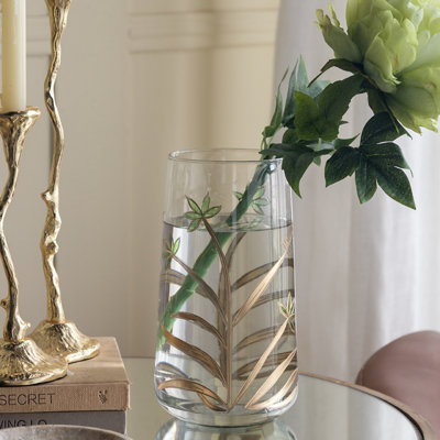 D5.5x9.8" Clear Glass Accent Vase with Green and Gold Botanical Design