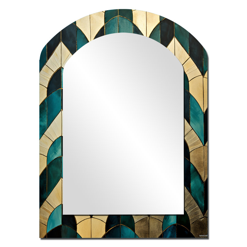 Emerald And Golden Arches II - Abstract Shapes Asymmetrical Large Wall Mirror, Modern Arch Unique Mirror, Printed Metal Art