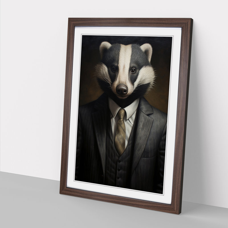 Badger In A Suit No.2 - Single Picture Frame Print on Wood, 34cm H x 25cm W x 2cm D, Walnut