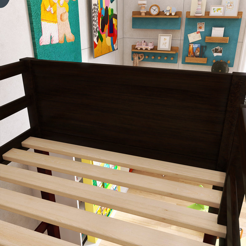 Lit mezzanine simple à cadre en bois avec échelle, Espresso