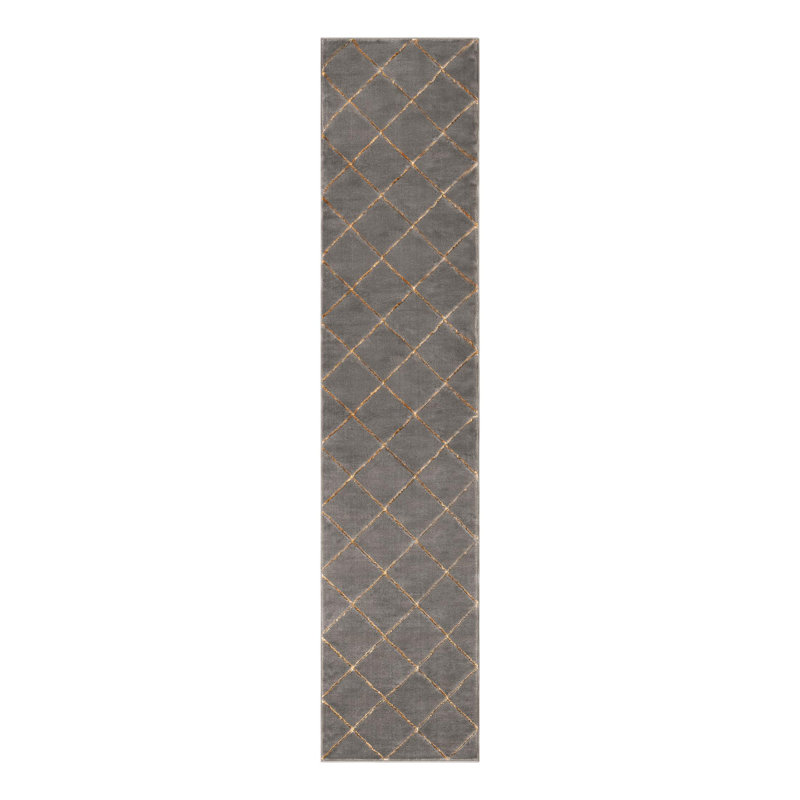 Latitude Run® Checks Novica Rug Gray and Gold, Runner 2'7" x 12'