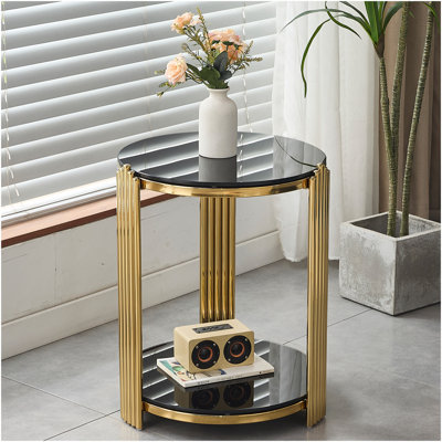 Table de bout moderne de 16,9 pouces, table de chevet, table de salon en verre trempé noir à double couche et cadre en acier inoxydable doré, table ronde, assemblage facile.