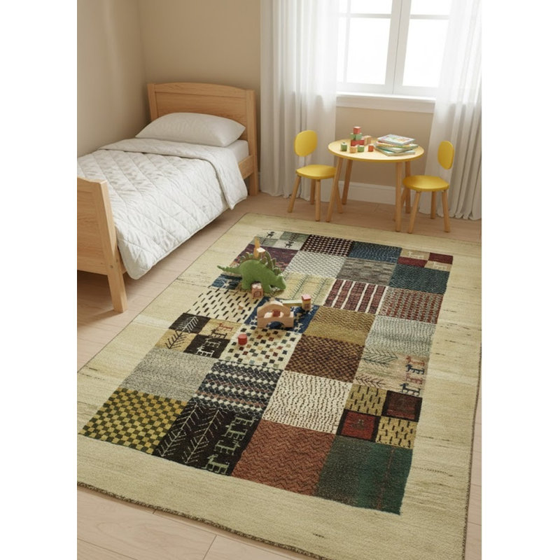 Tapis crème / gris en laine noué à la main à carreaux