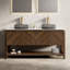 Meuble-lavabo de salle de bain 60 po Indigo, armoire de rangement autoportante en contreplaqué avec 3 portes diagonales rayées et tablette ouverte, 2 lavabos en verre noir et plateau en pierre frittée blanc de Carrare, grain de bois noyer foncé-130369472-130369467