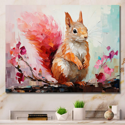 Écureuil rose et vert en fleurs IV - écureuil, art mural animal