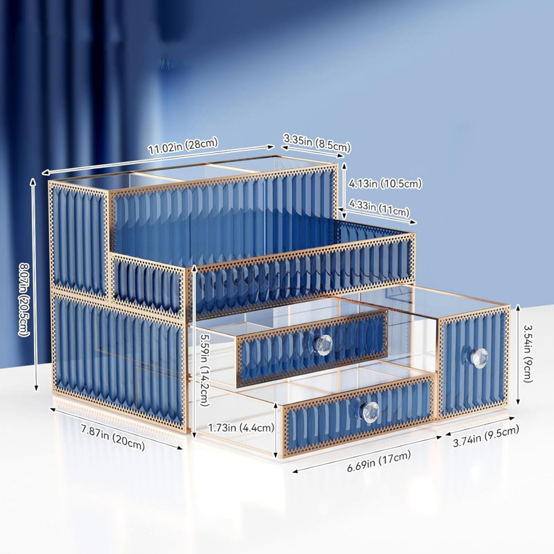 Blue Makeup Organizer Tempered Glass Vanity Organizer